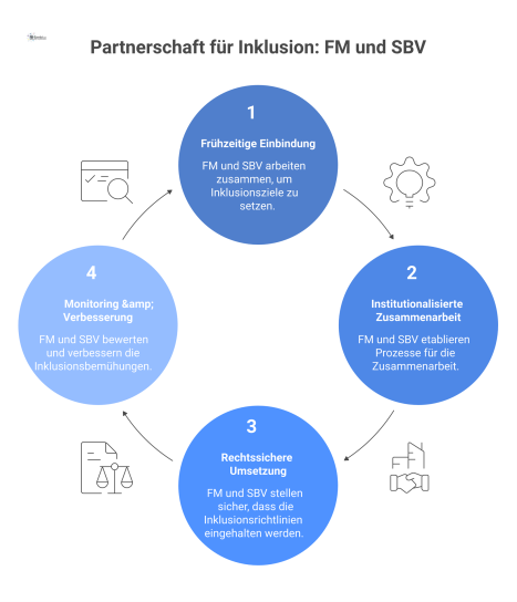 Kreislauf-Infografik, die den kooperativen Prozess zwischen Facility Management und Schwerbehindertenvertretung in vier Phasen für mehr Inklusion zeigt.
