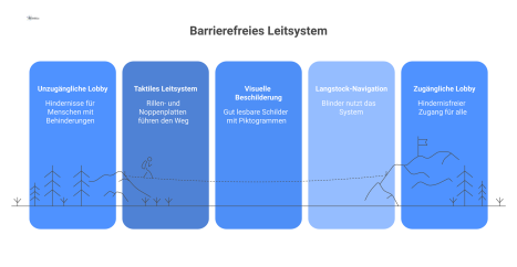 Infografik einer Lobby mit barrierefreiem Leitsystem. Ein blinder Mensch mit Langstock folgt den taktilen Bodenplatten zu einem Aufzug. 