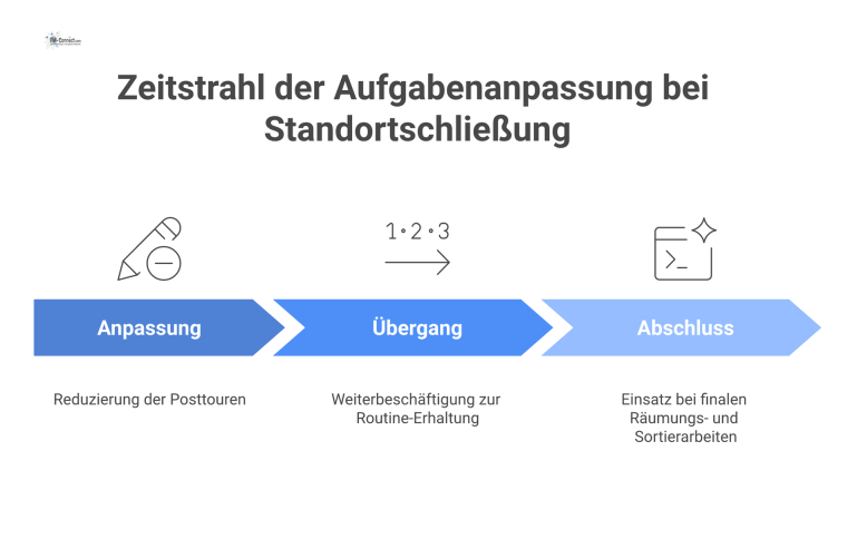 Zeitstrahl-Diagramm mit drei Phasen zur Aufgabenanpassung von Mitarbeitern bei einer Standortschließung: Anpassung, Übergang und Abschluss. 