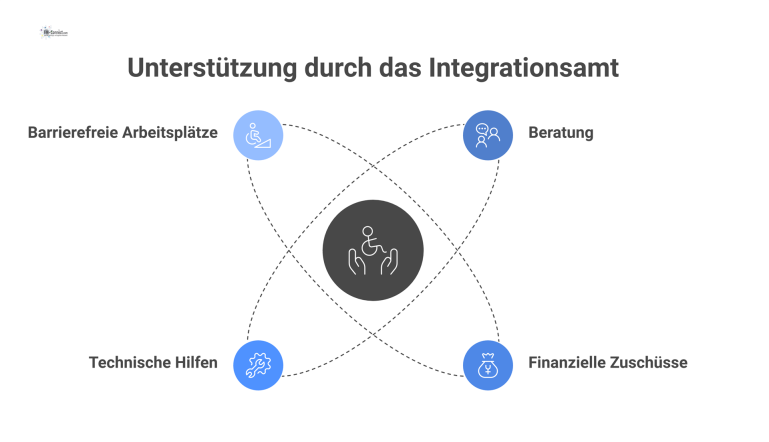 Diagramm der Hilfen des Integrationsamtes für Arbeitgeber und Arbeitnehmer mit Behinderung: Beratung, finanzielle Zuschüsse und barrierefreie Arbeitsplätze. 