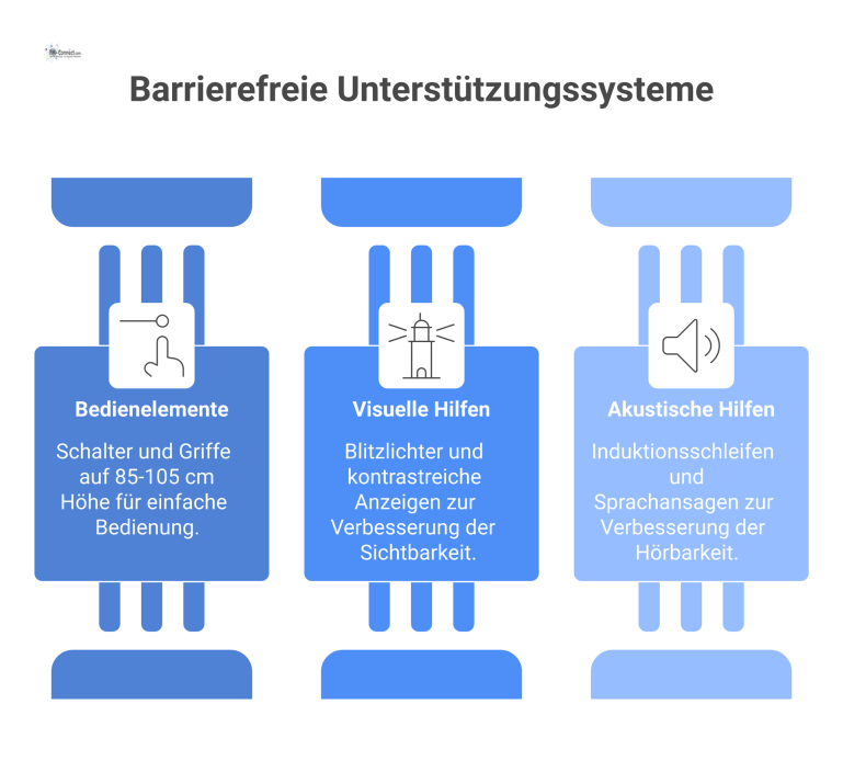  Diagramm barrierefreier Unterstützungssysteme in Gebäuden, das Bedienelemente, visuelle Hilfen wie Blitzlichter und akustische Hilfen wie Sprachansagen nach dem Zwei-Sinne-Prinzip zeigt.